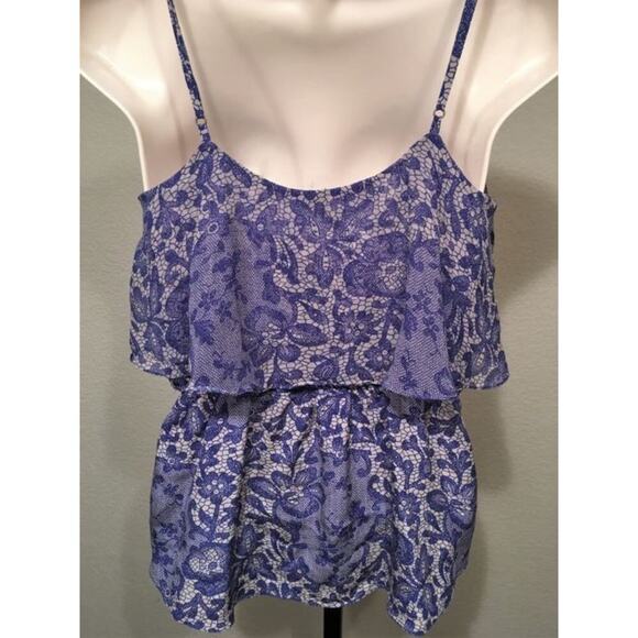 Rebecca Taylor silk tank top blue floral lace print adjustable straps Size 8 - Picture 3 of 7
